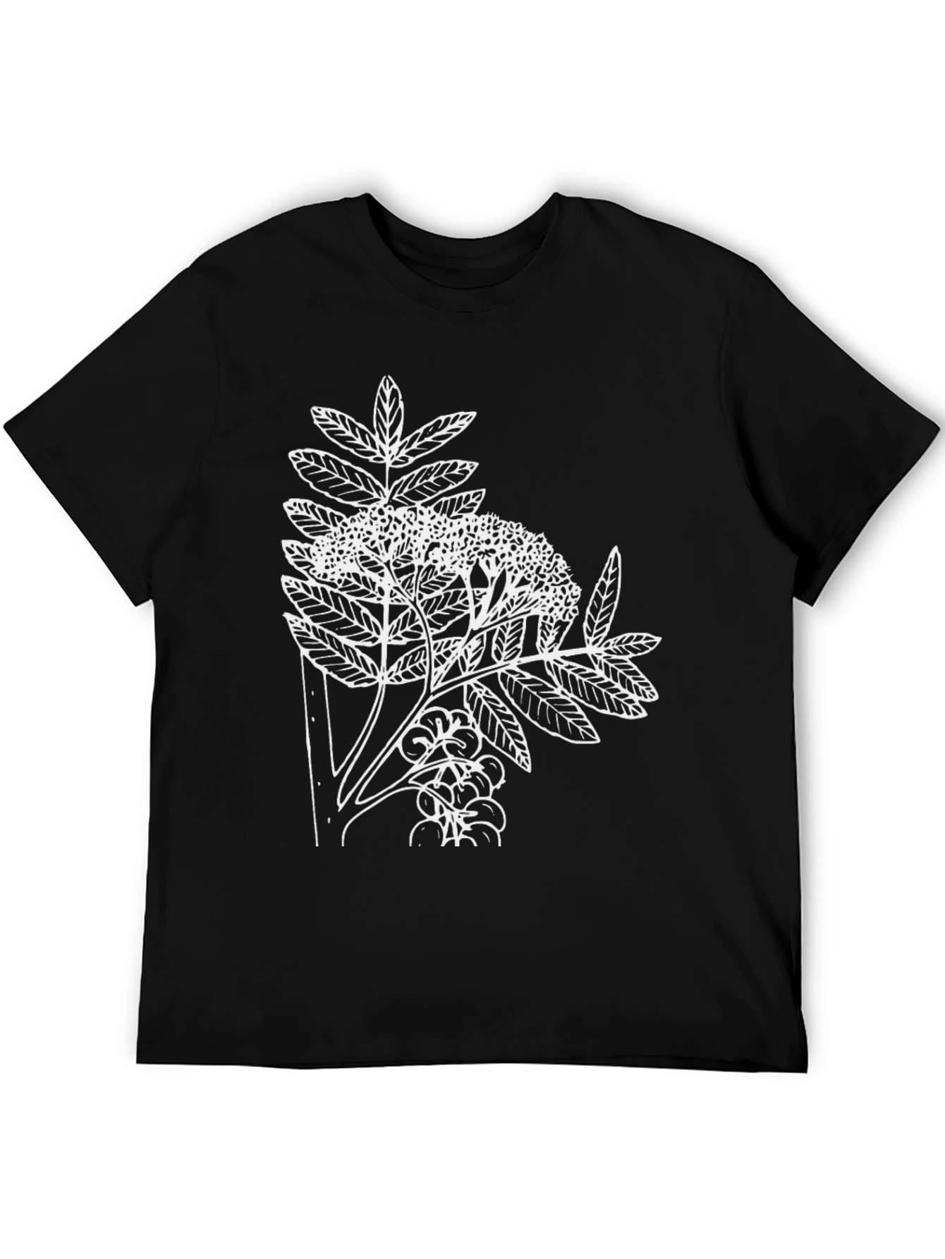 Botanical Print Tee - Black Cotton Casual T-Shirt