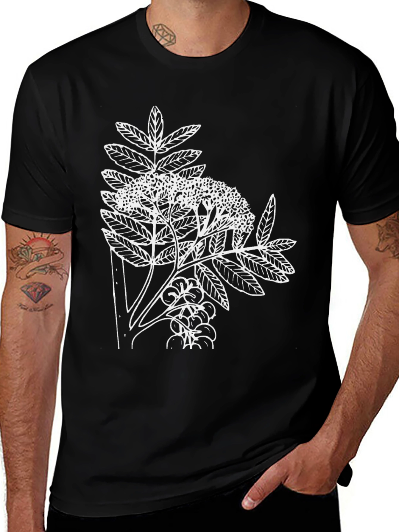 Botanical Print Tee - Black Cotton Casual T-Shirt