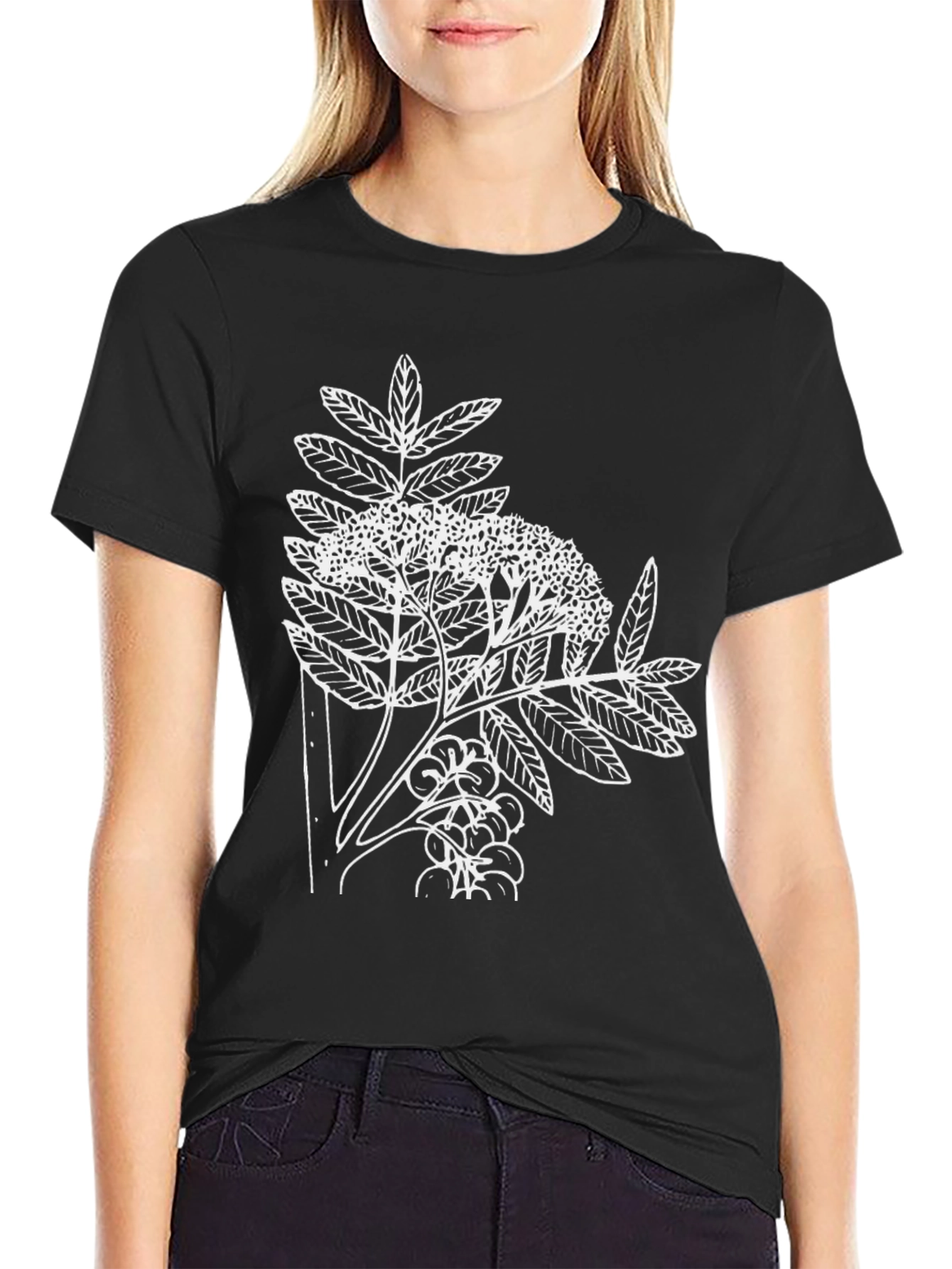 Botanical Print Tee - Black Cotton Casual T-Shirt