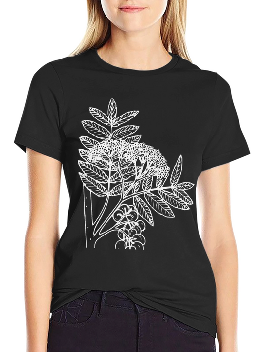 Botanical Print Tee - Black Cotton Casual T-Shirt