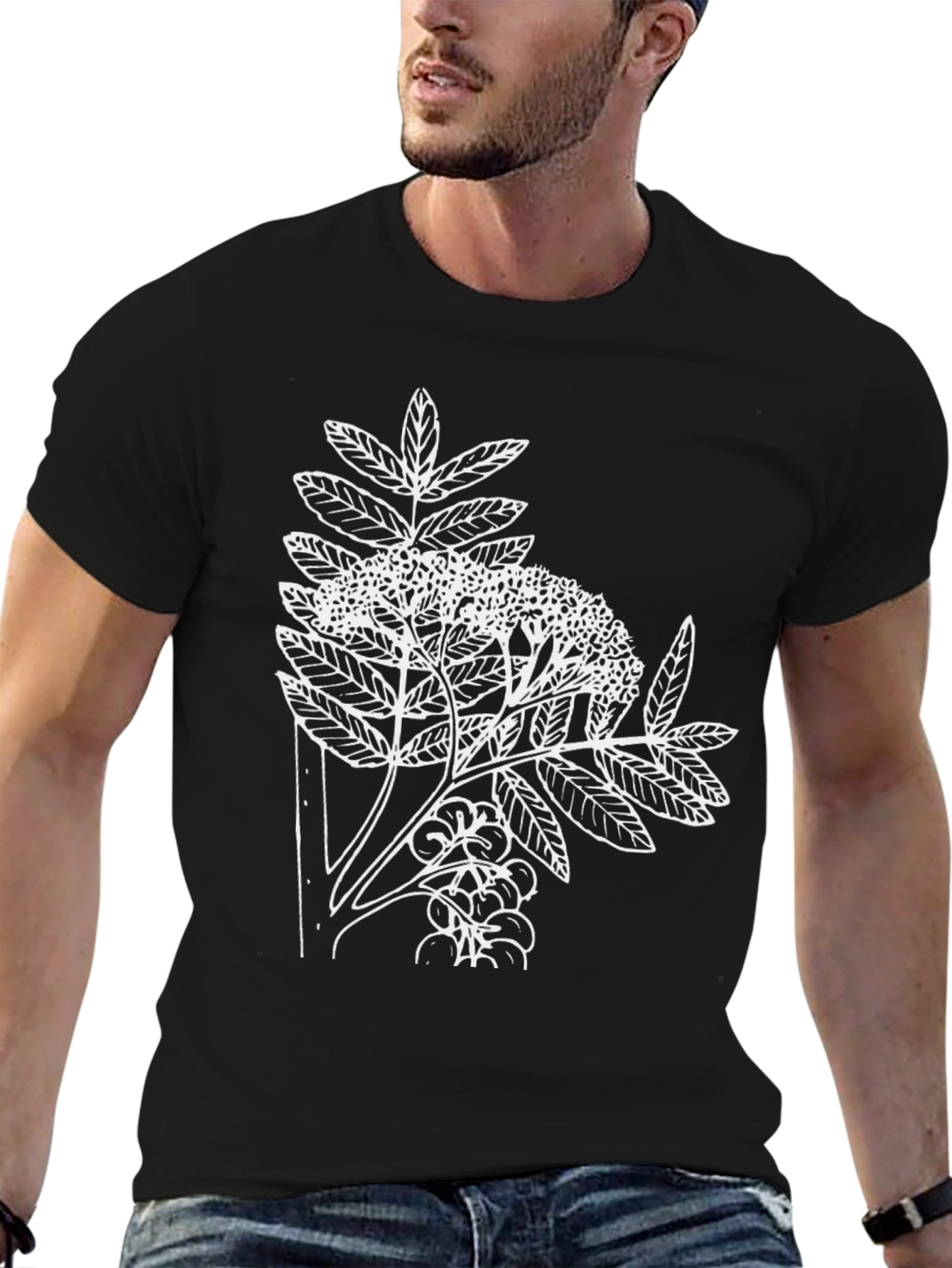 Botanical Print Tee - Black Cotton Casual T-Shirt